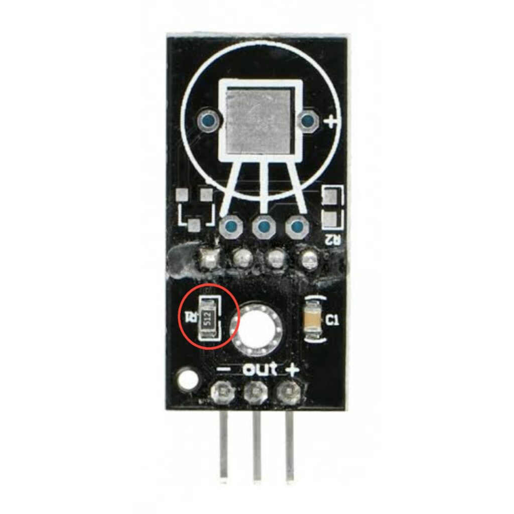photo of a dht11 sensor module pull up resistor