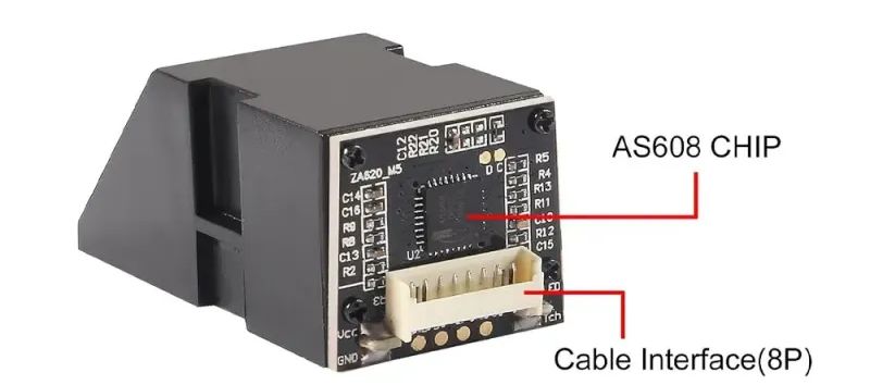 lose-up of AS608 module with fingerprint window and pins
