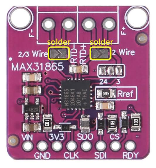 Close-up of MAX31865 module with RTD terminals