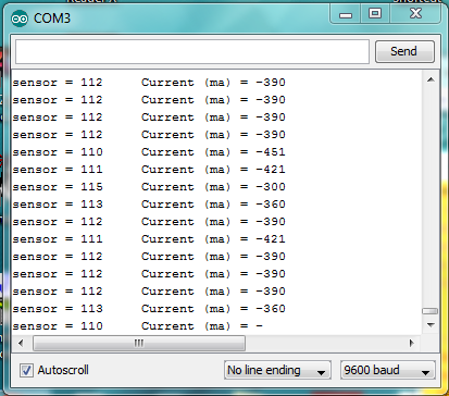 Example of ACS712 current readings in Arduino Serial Monitor