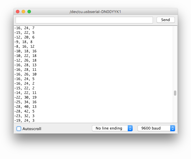 Example of ADXL345 readings in Arduino Serial Monitor