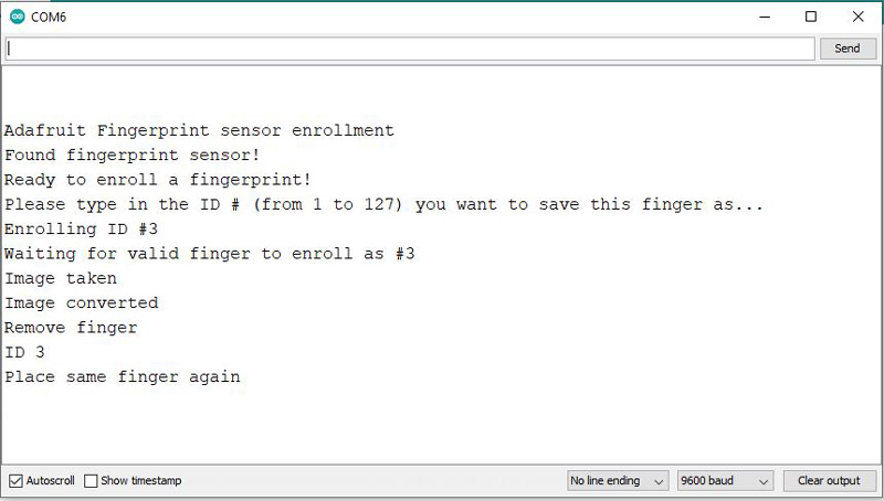 Example of AS608 fingerprint enrollment and match in Arduino Serial Monitor