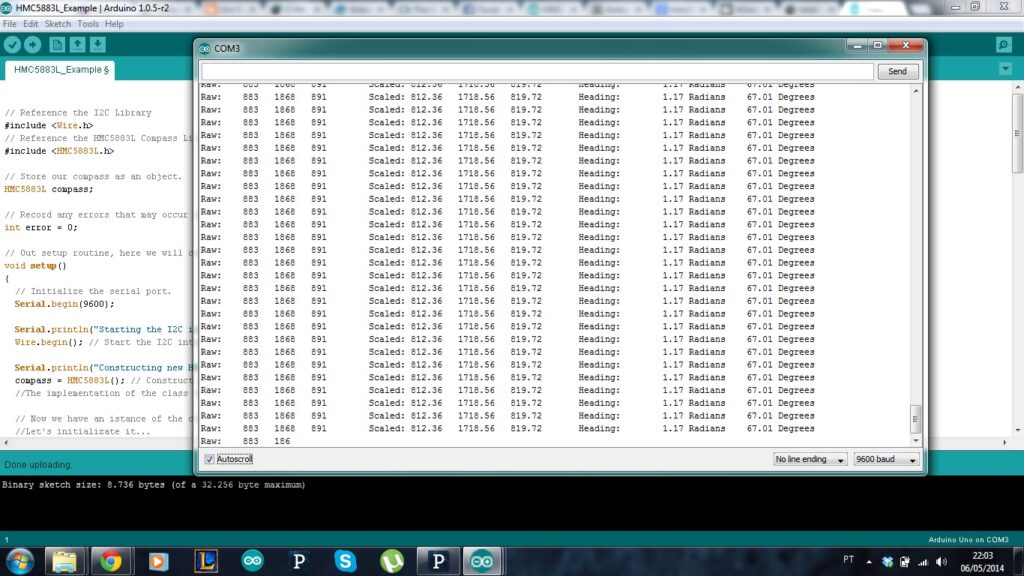 Example of HMC5883L readings and heading in Arduino Serial Monitor