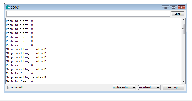 Example of Infrared Obstacle Avoidance Sensor readings in Arduino Serial Monitor