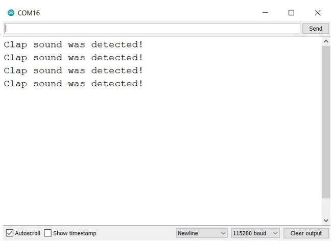 Example of KY-038 sound readings in Arduino Serial Monitor