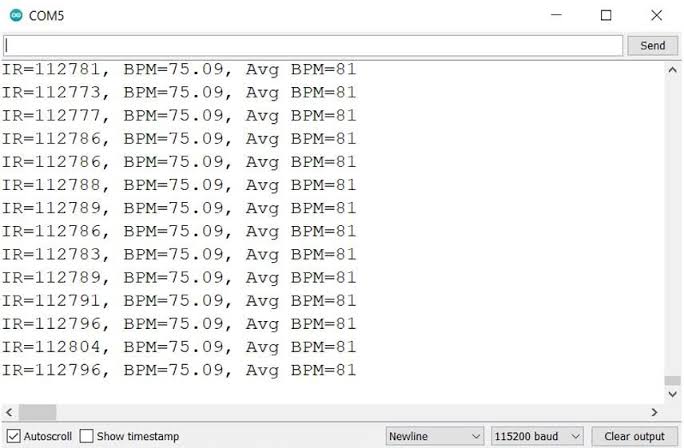 Example of MAX30102 heart rate readings in Arduino Serial Monitor