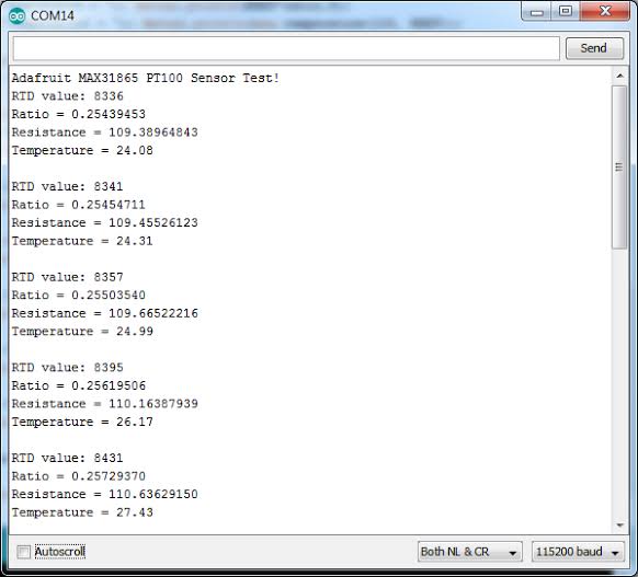 Example of MAX31865 temperature readings in Arduino Serial Monito