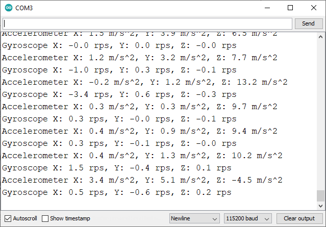 Example of MPU6050 readings in Arduino Serial Monitor