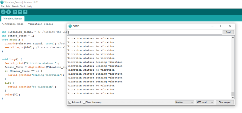 Example of SW-420 vibration readings in Arduino Serial Monitor