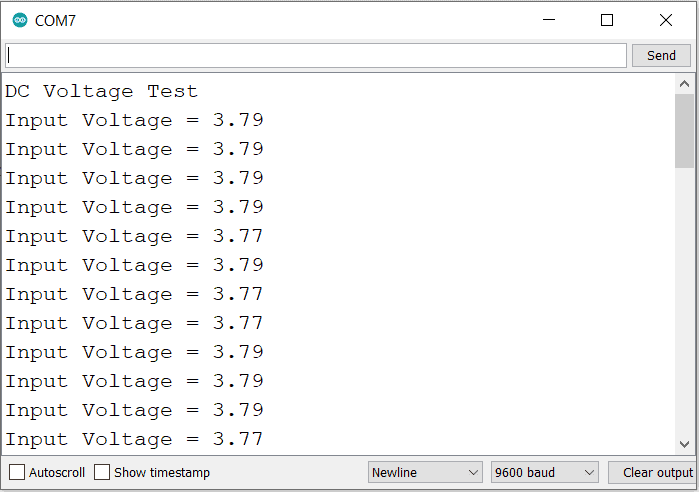 Example of Voltage Sensor readings in Arduino Serial Monitor