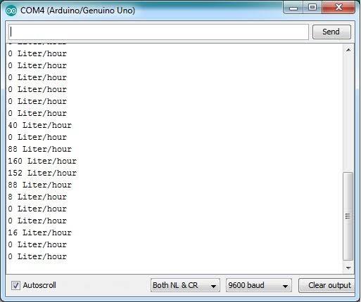 Example of YF-S201 flow readings in Arduino Serial Monitor