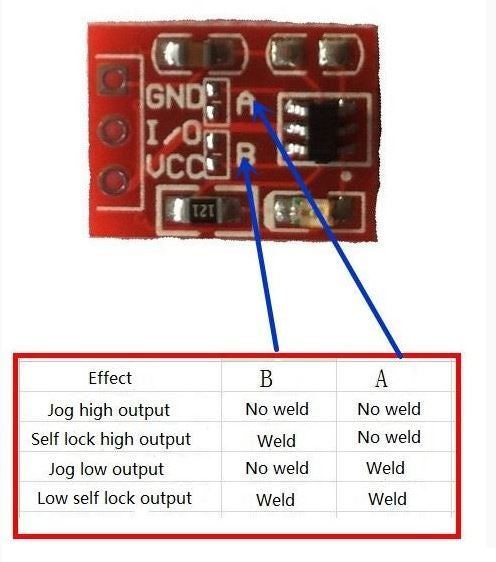 Photo of TTP223 module components and configuration jumpers