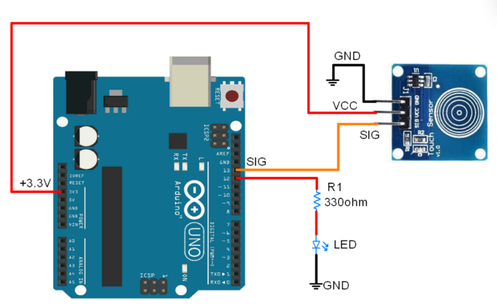 Wiring Diagram of TTP223 touch sensor module with Arduino Uno